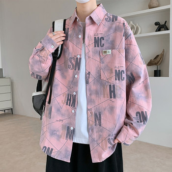 Pure Cotton Pink Long-Sleeved Shirt for Men, Spring and Autumn Loose Trendy Brand, Cool High School Student Work Shirt Jacket for Men