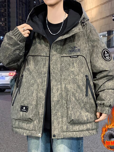 Thick velvet jacket for men, autumn and winter high-end tie-dye hooded jacket, warm clothing for male teenagers and students