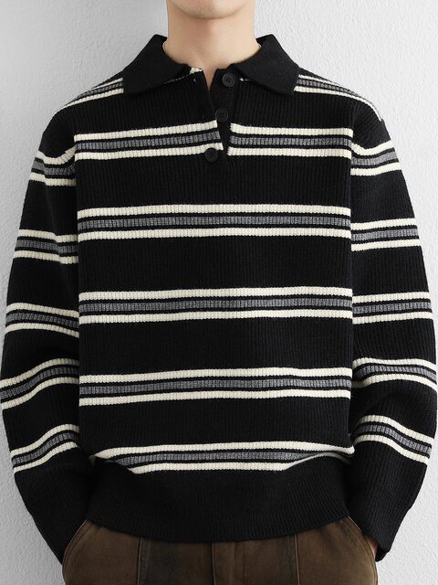 American retro striped POLO collar sweater for men in autumn and winter loose couple lapel long-sleeved sweater top thickened
