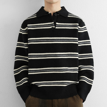 American Retro Striped Polo Collar Sweater for Men, Autumn and Winter Loose Fit, Couple's Turn-Down Collar Long-Sleeve Knit Top, Thickened
