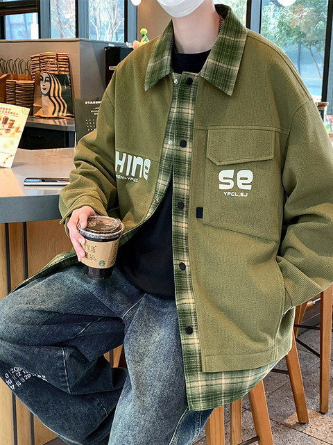 Fake two-piece jacket men's spring and autumn 2025 new plaid shirt-style jacket boys and teenagers workwear tops