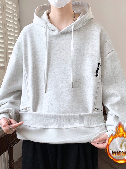 Fleece-Lined Thickened Sweatshirt for Men, Hooded, Autumn and Winter Design, Trendy Brand, Gray, Sporty Style, Warm Top for Teenagers