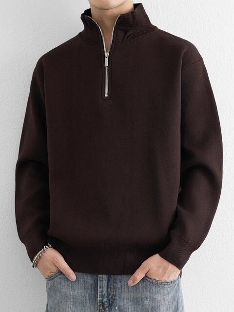 Designed pure cotton half-zip stand-up collar sweater for men in autumn and winter retro loose thickened sweater warm sweater