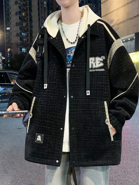 Fake two-piece plaid jacket for men in spring and autumn, youth design, trendy brand, removable hooded jacket, men's casual top