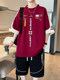 Summer Ice Silk Shorts Set for Boys, Stylish Color-Blocked Short-Sleeve T-Shirt, Burgundy Youth Casual Sportswear t