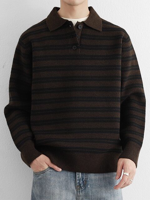 High-end retro sweater men's POLO collar striped contrast pullover jacket men's autumn and winter heavy bottoming sweater