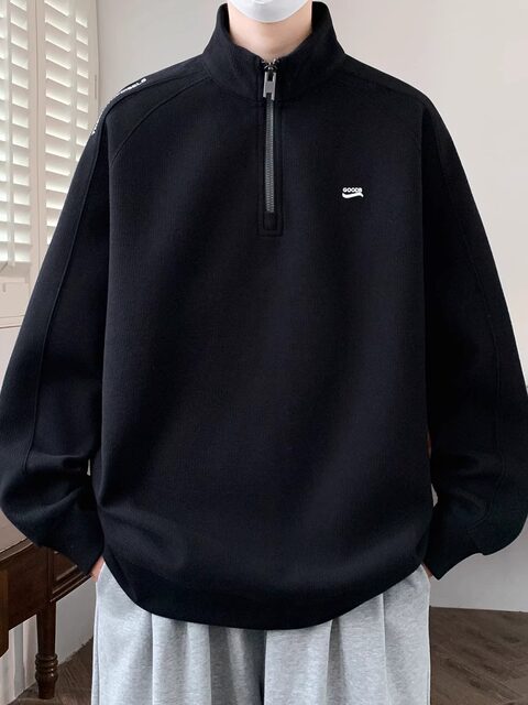 Half-Zip Sweatshirt for Men, Autumn and Winter, Fleece-Lined, Thickened, High-Neck, Long-Sleeve Base Layer, Raglan Sleeve, Sports Top