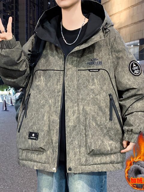 Thick velvet jacket for men, autumn and winter high-end tie-dye hooded jacket, warm clothing for male teenagers and students