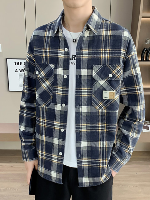 High-end spring and autumn men's shirts, jackets, workwear, washed cotton texture, student plaid tops, base shirts