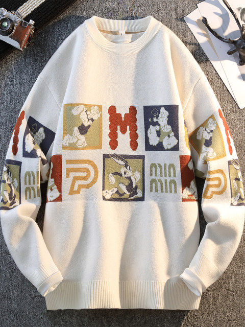 Teen Boys' Sweater, Autumn and Winter Trendy Brand Cartoon Anime Rabbit Knitwear, Loose, Thick, Warm Knit Top