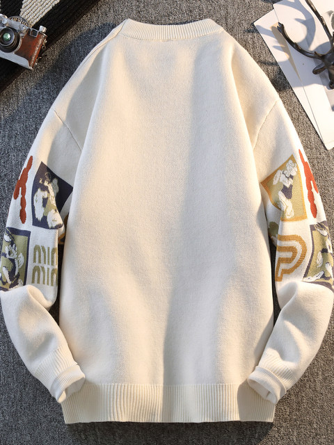 Teen Boys' Sweater, Autumn and Winter Trendy Brand Cartoon Anime Rabbit Knitwear, Loose, Thick, Warm Knit Top