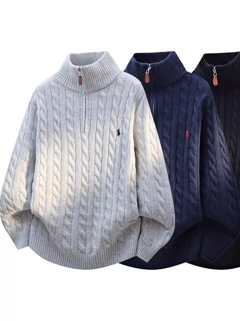 Half-zip turtleneck sweater for men, autumn and winter, American style loose lazy sweater for teenagers, trendy brand high-end knitted sweater