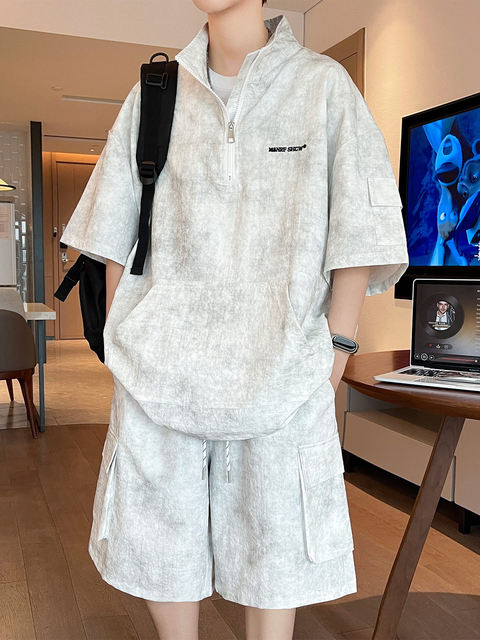 Half-Zip Tie-Dye Retro Sports Suit for Men, Summer Casual Outfit with Short-Sleeved Shorts, Cool and Stylish Sun Protection Clothing