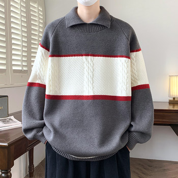 Teenage Men's Collared Sweater, Autumn and Winter College Style Trendy Brand Color-Blocked Knitwear, Thickened and Warm Sweater for Boys