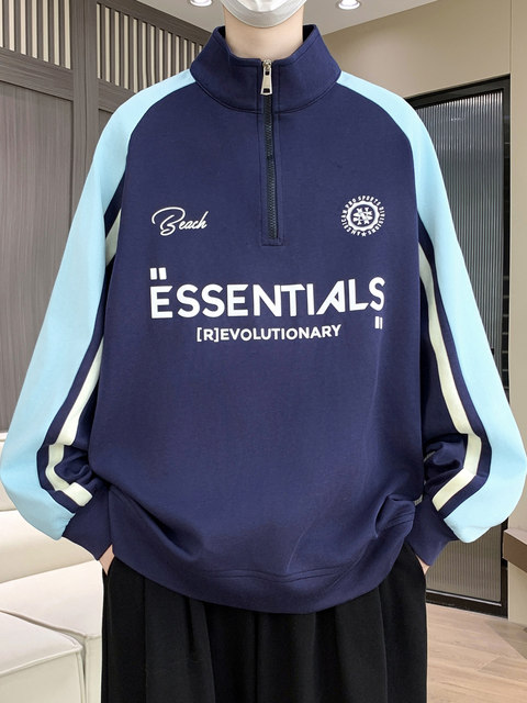 Teenagers' Trendy Design, Cool and Stylish Color-Blocking Casual Style Spring and Autumn Half-Zip Polo Collar Men's Long-Sleeved Sweatshirt