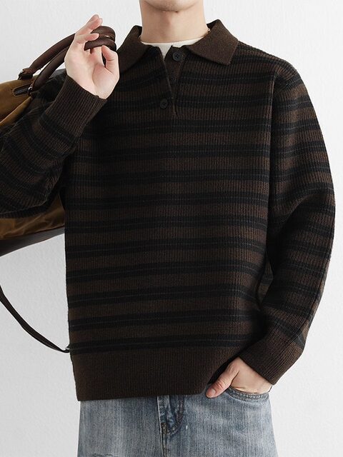 High-end retro sweater men's POLO collar striped contrast pullover jacket men's autumn and winter heavy bottoming sweater