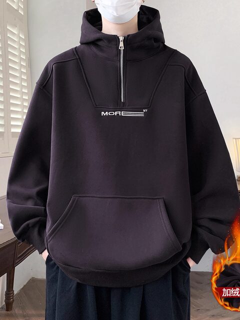 Teenagers' Heavyweight Hooded Fleece-Lined Thick Sweatshirt for Men, Autumn and Winter Trendy Brand Half-Zip Niche Design Jacket