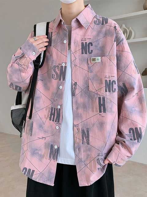 Pure Cotton Pink Long-Sleeved Shirt for Men, Spring and Autumn Loose Trendy Brand, Cool High School Student Work Shirt Jacket for Men