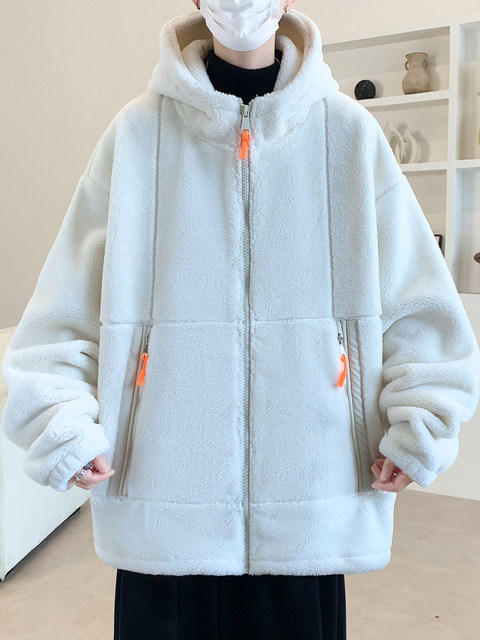 Lamb fleece jacket men's autumn and winter velvet thickened jacket cotton jacket men's hooded trendy brand warm and cold-proof clothes