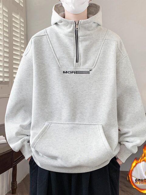 Teenagers' Heavyweight Hooded Fleece-Lined Thick Sweatshirt for Men, Autumn and Winter Trendy Brand Half-Zip Niche Design Jacket