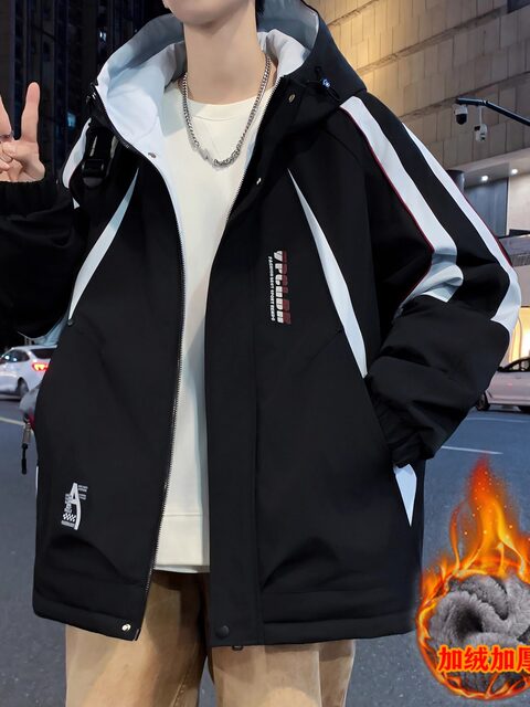 Thick velvet jacket for men in autumn and winter, contrasting color hooded jacket for teenagers, men's warm and cold-proof coat, cotton clothes