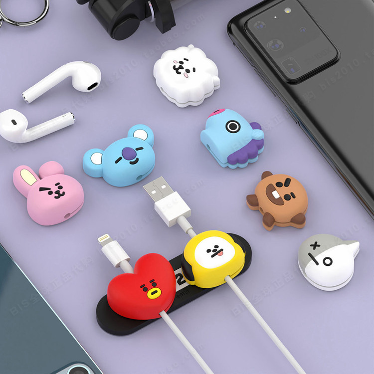 Korean Bt21 Bts Magnetic Phone Data Cable Organizer Cartoon Earphone Charging Cable Winder