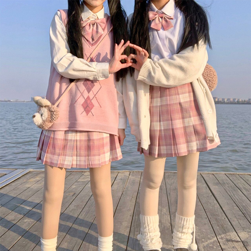 Raspberry black tea jk uniform skirt women's genuine Japanese pleated skirt set long sleeves student autumn winter pink checkered skirt full set