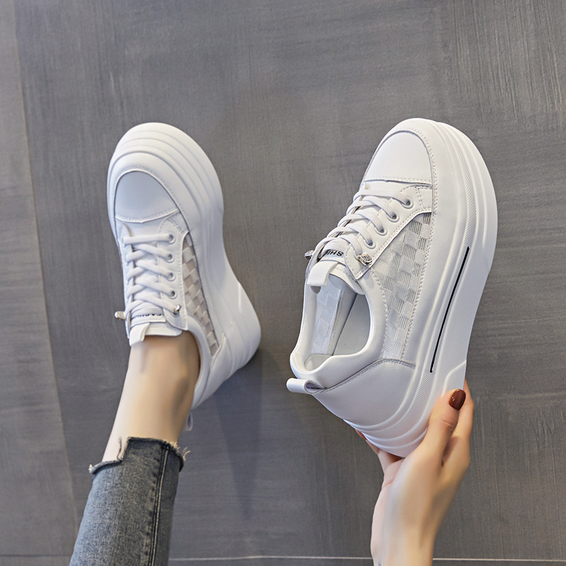 Slip-On Women's Shoes with Hidden Height Increase, Summer Style, 10cm Height Increase, Breathable Mesh, Thick-Soled White Shoes, Genuine Leather, Spring and Autumn