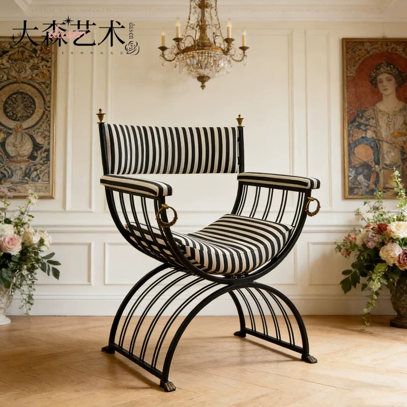 French Retro Single Chair, Antique Style Wrought Iron Roman Chair, Black and White Striped Living Room Leisure Chair, Designer Single Chair