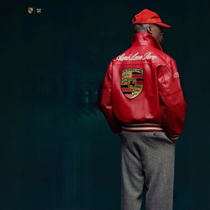 Porsche Racing Jacket Co-Branded with James, Heavy-Duty Micro-Embroidered Vintage Leather Jacket for Men and Women