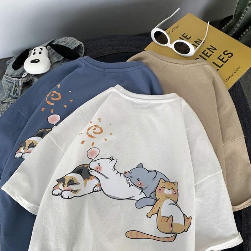 Kitty Printed Summer Short Sleeve Men T-Shirt Student Korean Version Trend 50% Sleeve Port Wind Loose Half Sleeve Couple Blouse