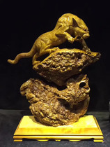 Wood root carving factory Gold camphor wood leopard crafts all the way to break out of the mountain leopard living room office ornaments direct sales