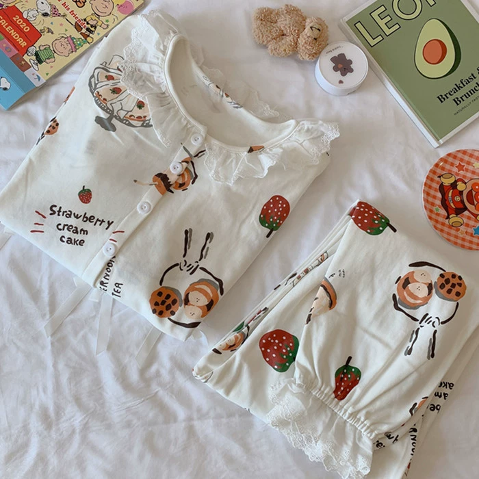 . Bộ đồ ngủ dâu tây cotton kiểu công chúa Nhật Bản cho bà bầu, bộ đồ xuân hè, quần áo bầu sau sinh, đồ cho con bú và cho con bú - Giải trí mặc / Mum mặc