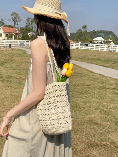 Корейская тканая сумка, новая хлопковая нить, сумка на плечо ручной работы, пляжная сумка для отдыха, многофункциональная соломенная сумка-ведро