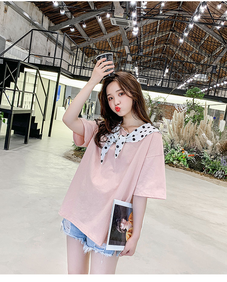 VK旗艦店 韓系小清新粉嫩波點披肩短袖上衣