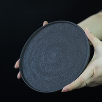 Original coarse pottery jumping knife full hand-made pot dry tea plate Japanese tea set Original mine black pottery tea table Zen tea plate