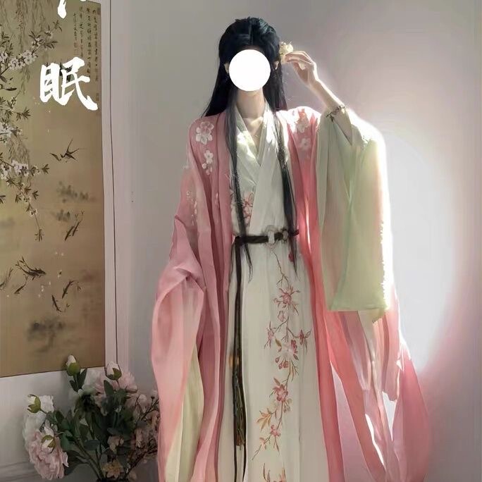 Sleeping under the Moonlight among Pine Trees, Unisex Peach Blossom Embroidery Hanfu, Han Elements, Pink-Green Fairy Tale and Martial Arts Ancient Style Sleeping under the Moonlight among Pine Trees, Unisex Peach Blossom Embroidery Hanfu, Han Elements, Pink-Green Fairy Tale and Martial Arts Ancient Style