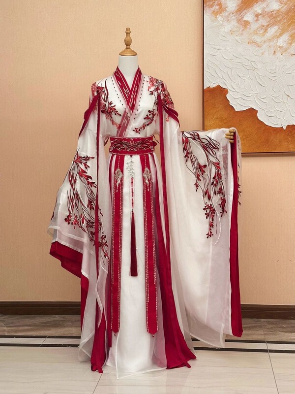 【Si Yuan】Hanfu for Women in the Style of the Wei and Jin Dynasties, with Intricate Embroidery and Beading, Cross-Collar, Large Sleeves, Red and White, for Film and Television, Martial Arts, and Fairy Tales, Also Suitable for Men