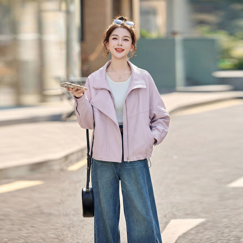 Motorcycle-Style Lapel Leather Jacket, Short Purple Versatile High-End Leather Jacket for Petite Individuals, New Autumn 2026 Model