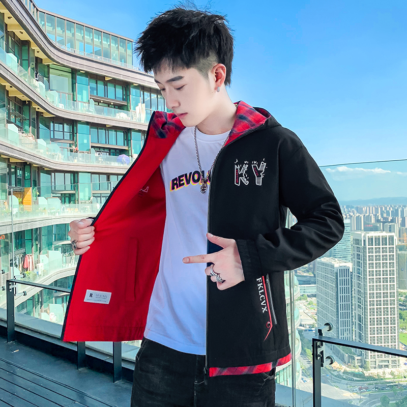 Double-sided wearing jacket for men's autumn and winter youth students Yuppie Handsome Korean version Trend casual personality Two sides wearing jacket