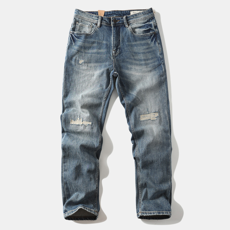 Heavyweight Autumn Japanese Retro Selvedge Denim Jeans, Stretchy Washed Straight-Leg Loose Men's Casual Long Pants with Ripped Design