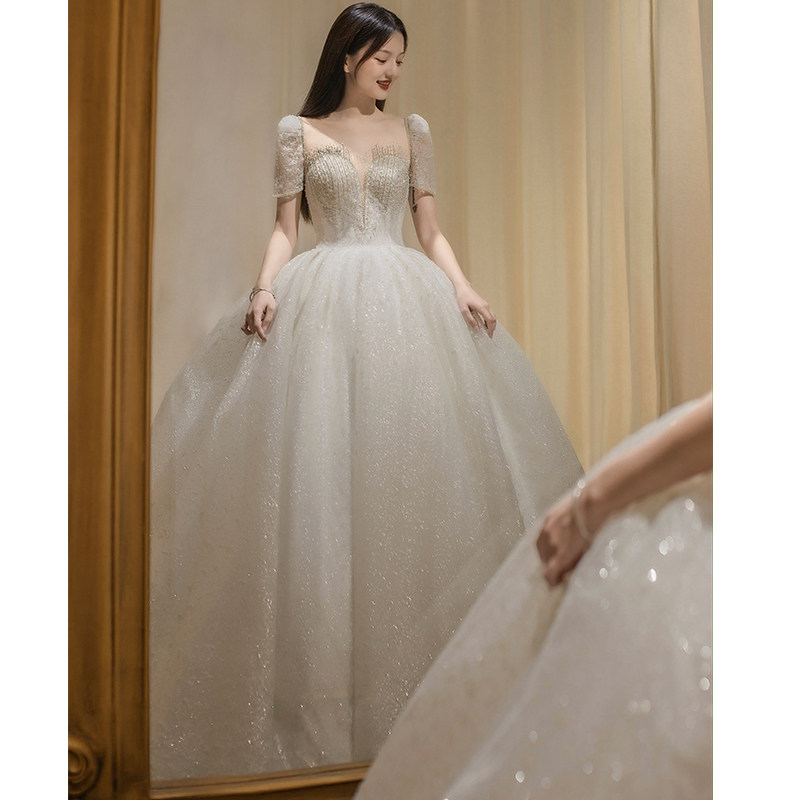Main wedding dress 2021 new bride 2020 pregnant woman starry sky big tailing French little woman go out gauze light