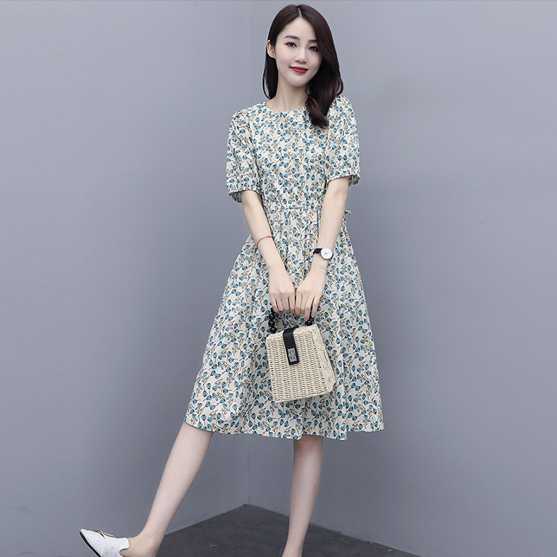 Pure Cotton Floral Dress for Women, 2025 Summer New Style, All-Cotton Casual Mid-Length Slim-Fit Elegant Thin Dress Pure Cotton Floral Dress for Women, 2025 Summer New Style, All-Cotton Casual Mid-Length Slim-Fit Elegant Thin Dress