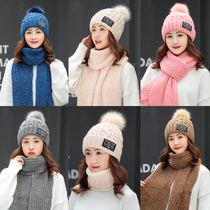  Scarf hat womens autumn and winter fashion Korean version of the wild tide warm wool hat womens two-piece plus velvet knitted hat