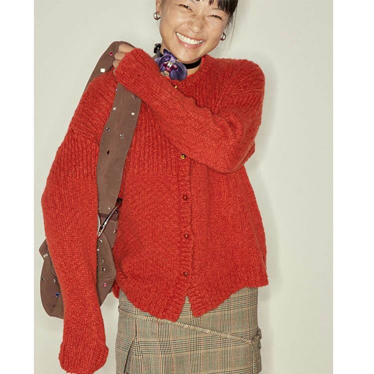 A Grape Kiss Deconstructed Patchwork Textured Sweater, Lazy Style with Lucky Gemstone Buttons, Bright Red Cardigan A Grape Kiss Deconstructed Patchwork Textured Sweater, Lazy Style with Lucky Gemstone Buttons, Bright Red Cardigan