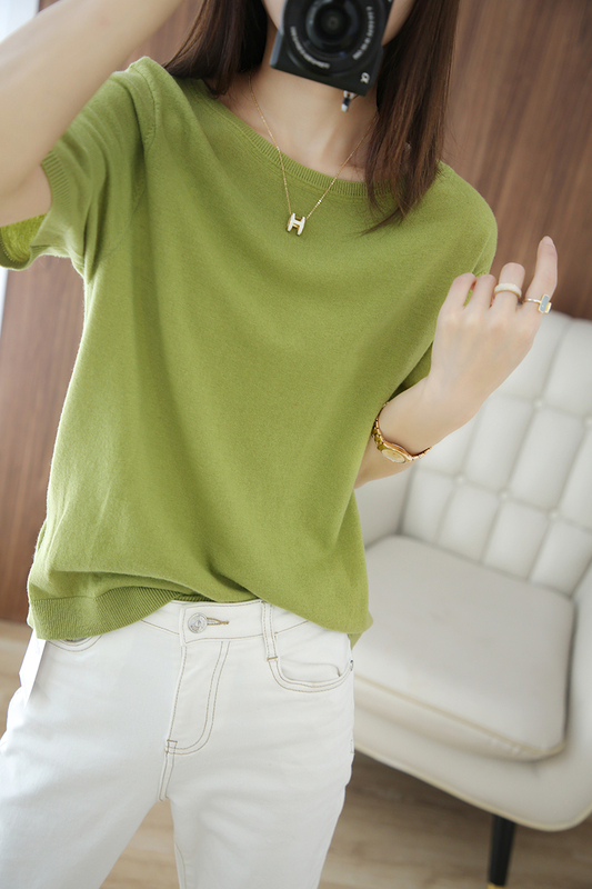 Summer New Style Round Neck Ice Silk Short-Sleeved Women's Knitted Loose Casual T-Shirt Thin Base Solid Color Reversible Top Trendy