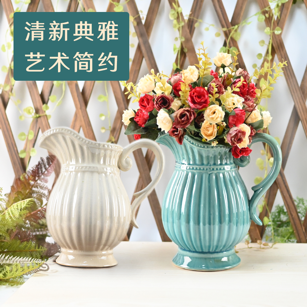 Ceramic flower vase pot European Rough grass ice crack glaze handle high-end hotel living room soft home furniture