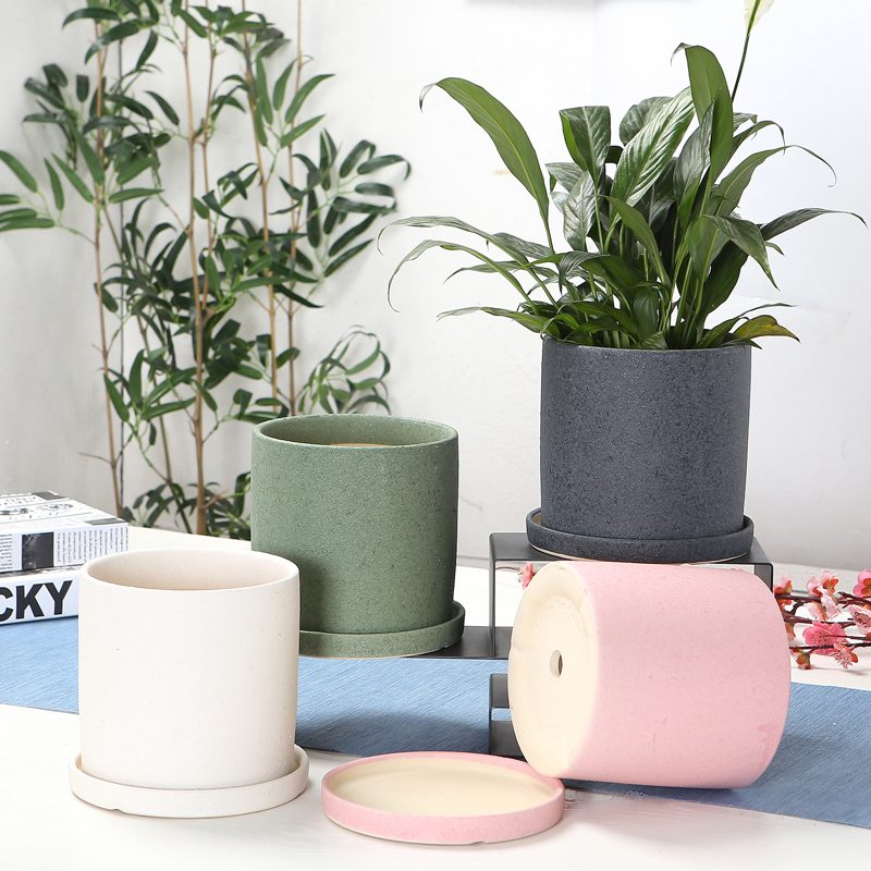 Cylinder contracted ceramic flower POTS with tray package mail extra large wholesale money plant bracketplant sitting room balcony flowerpot more meat