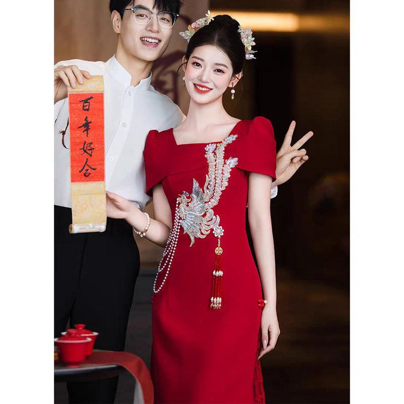 Plus-Size Traditional Chinese-Style Maternity Dress for Autumn and Winter, Elegant Bride Engagement Dress, Long-Sleeve Wedding Dress for Returning Home Plus-Size Traditional Chinese-Style Maternity Dress for Autumn and Winter, Elegant Bride Engagement Dress, Long-Sleeve Wedding Dress for Returning Home