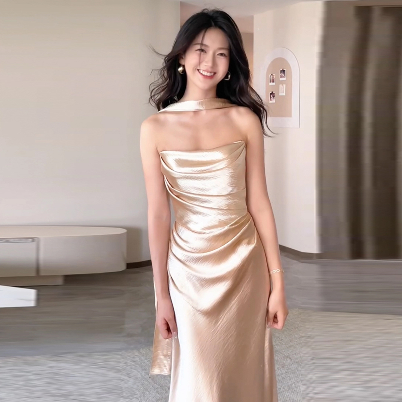 Tube Top Light Wedding Dress, High-End Satin Dressing Gown, Female Bride's Toast Dress, Engagement Banquet Elegant Golden Evening Dress